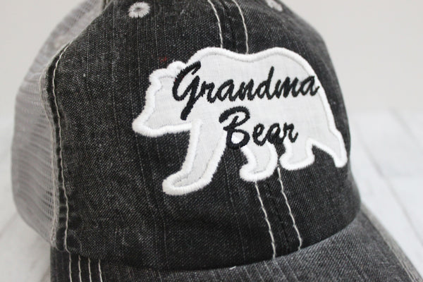 Mama or Grandma Bear Grey Distressed Trucker Hat - Forever Stitches