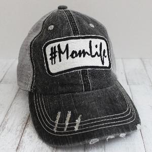 Grey #MomLife Patch Distressed Trucker Hat - Forever Stitches
