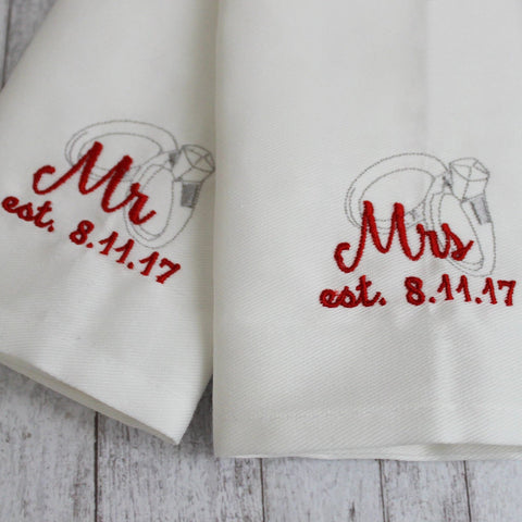 Mr. and Mrs. Napkin Set of 2 Customize with Wedding Date - Forever Stitches
