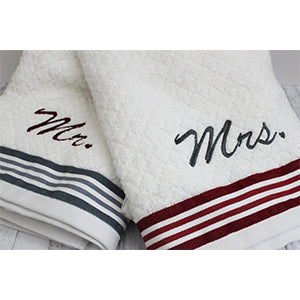 Mr. and Mrs. Bath Towels Set of 2 With or Without Color Band - Forever Stitches