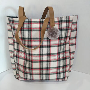 Plaid Tote with Faux Fur PomPom - Forever Stitches