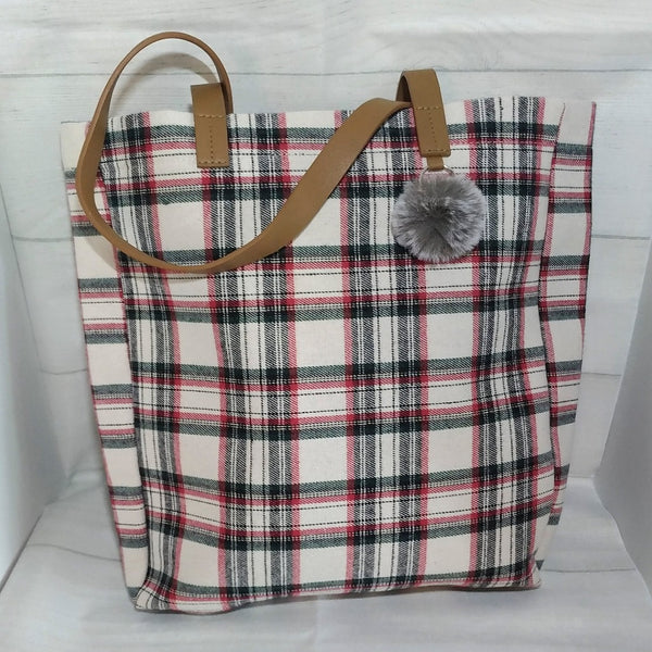 Plaid Tote with Faux Fur PomPom - Forever Stitches