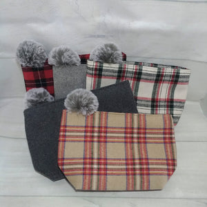 Plaid Pouch with Faux Fur PomPom - Forever Stitches