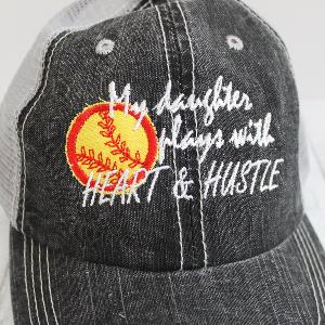Heart & Hustle Softball Mom Distressed Trucker Hat - Forever Stitches