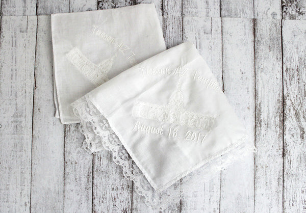 LDS Tucson Temple Men and Women Handkerchief  *lace edge sold out - Forever Stitches